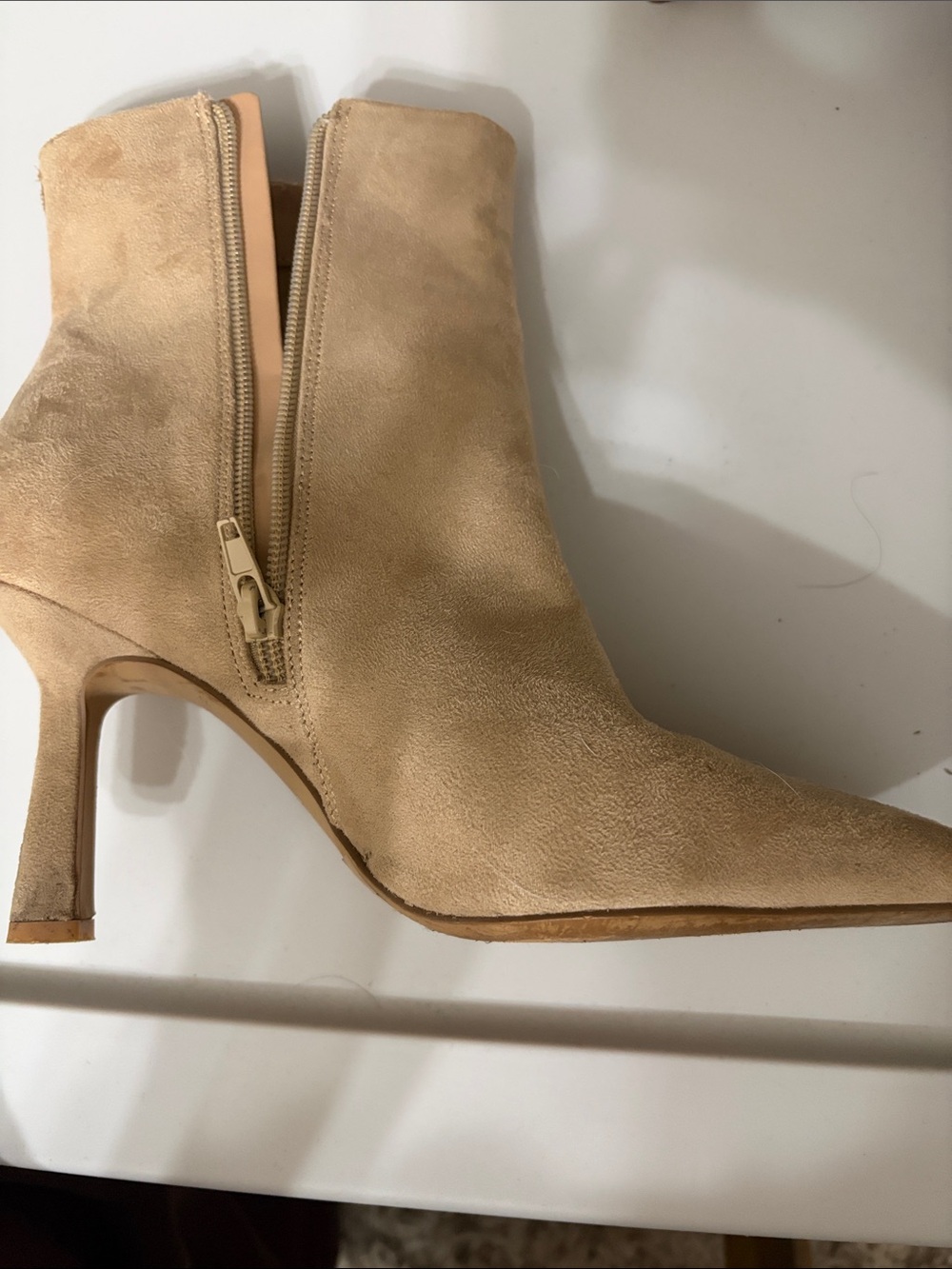 Express Beige Suede Pointed Ankle Boot with Side Zip